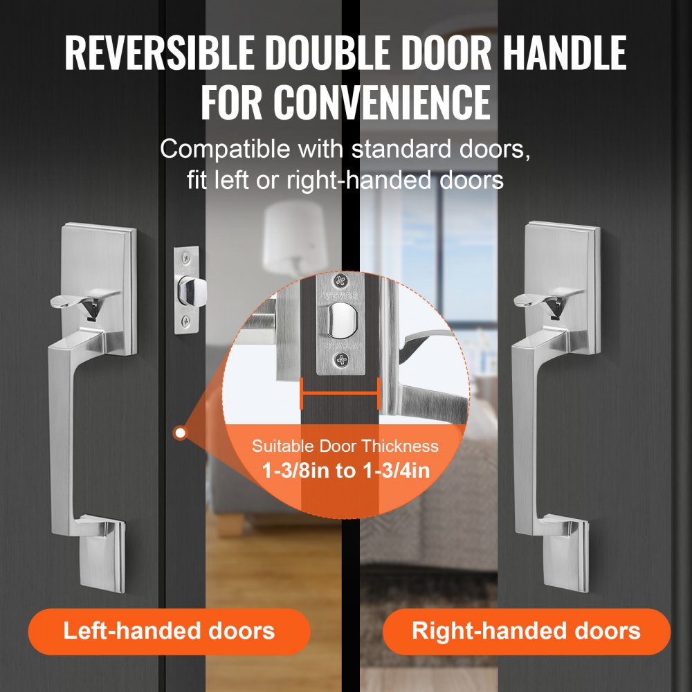 VEVOR Front Door Handle, Square Entry Handle Set with Lever, No Lock, Adjustable Hole Space, Zinc Alloy Die-Casting, Reversible for Right and Left Handed Entrance and Front Doors, Satin Nickel