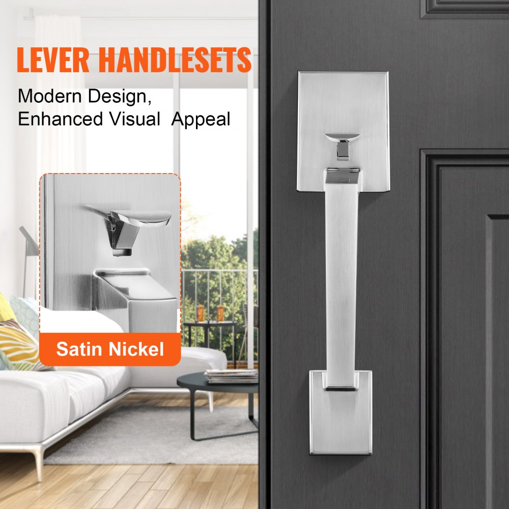 VEVOR Front Door Handle, Square Entry Handle Set with Lever, No Lock, Adjustable Hole Space, Zinc Alloy Die-Casting, Reversible for Right and Left Handed Entrance and Front Doors, Satin Nickel