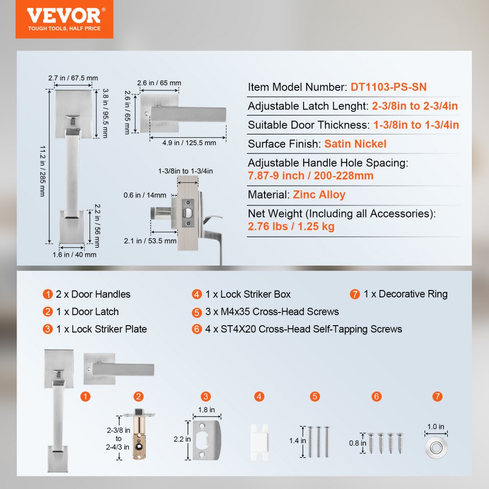 VEVOR Front Door Handle, Square Entry Handle Set with Lever, No Lock, Adjustable Hole Space, Zinc Alloy Die-Casting, Reversible for Right and Left Handed Entrance and Front Doors, Satin Nickel