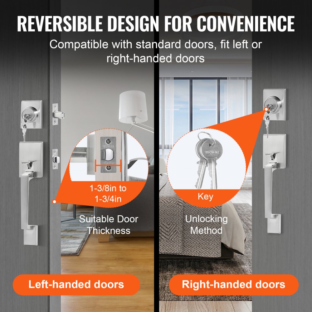 VEVOR Front Door Handle and Deadbolt Set, Square Entry Handle Set with Lever, Single Cylinder, Adjustable Hole Space, Reversible for Right and Left Handed Entrance and Front Doors, Satin Nickel