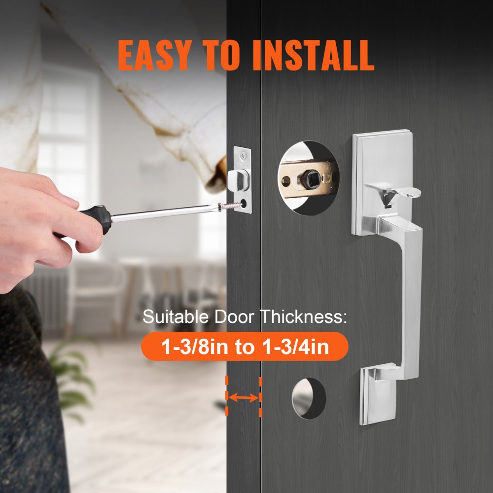 VEVOR Front Door Handle, Square Entry Handle Set with Lever, No Lock, Adjustable Hole Space, Zinc Alloy Die-Casting, Reversible for Right and Left Handed Entrance and Front Doors, Matte Black