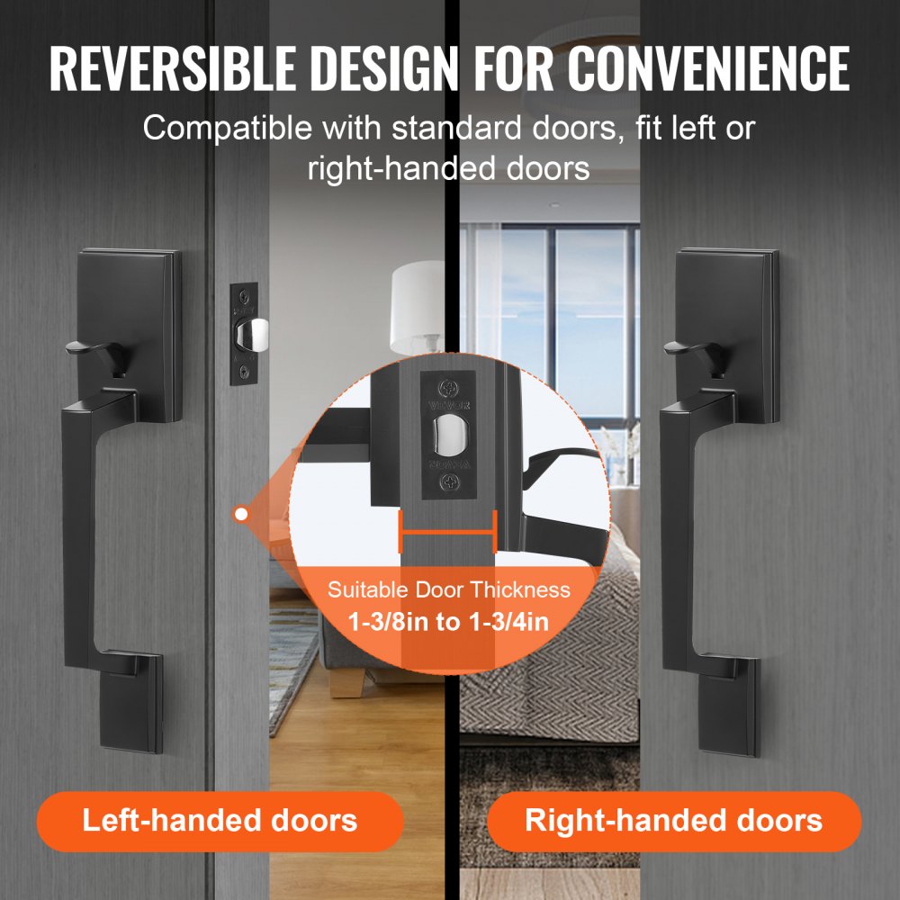 VEVOR Front Door Handle, Square Entry Handle Set with Lever, No Lock, Adjustable Hole Space, Zinc Alloy Die-Casting, Reversible for Right and Left Handed Entrance and Front Doors, Matte Black