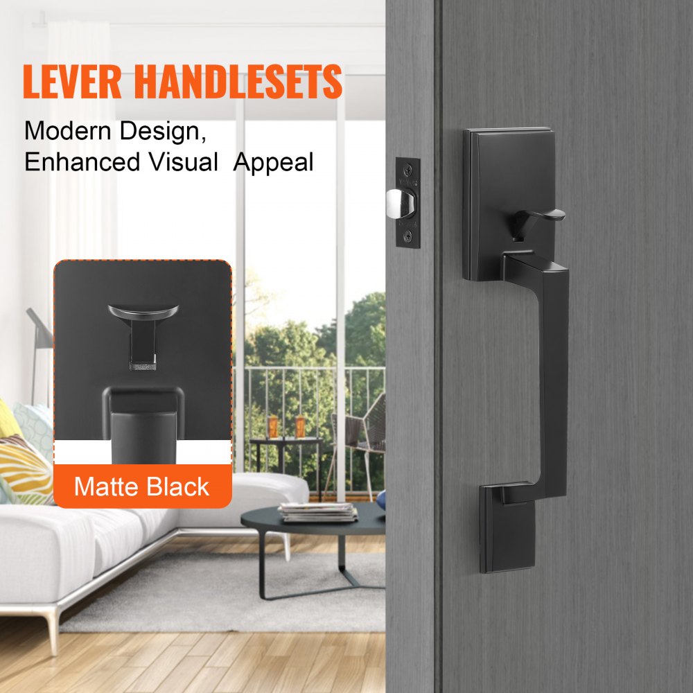 VEVOR Front Door Handle, Square Entry Handle Set with Lever, No Lock, Adjustable Hole Space, Zinc Alloy Die-Casting, Reversible for Right and Left Handed Entrance and Front Doors, Matte Black