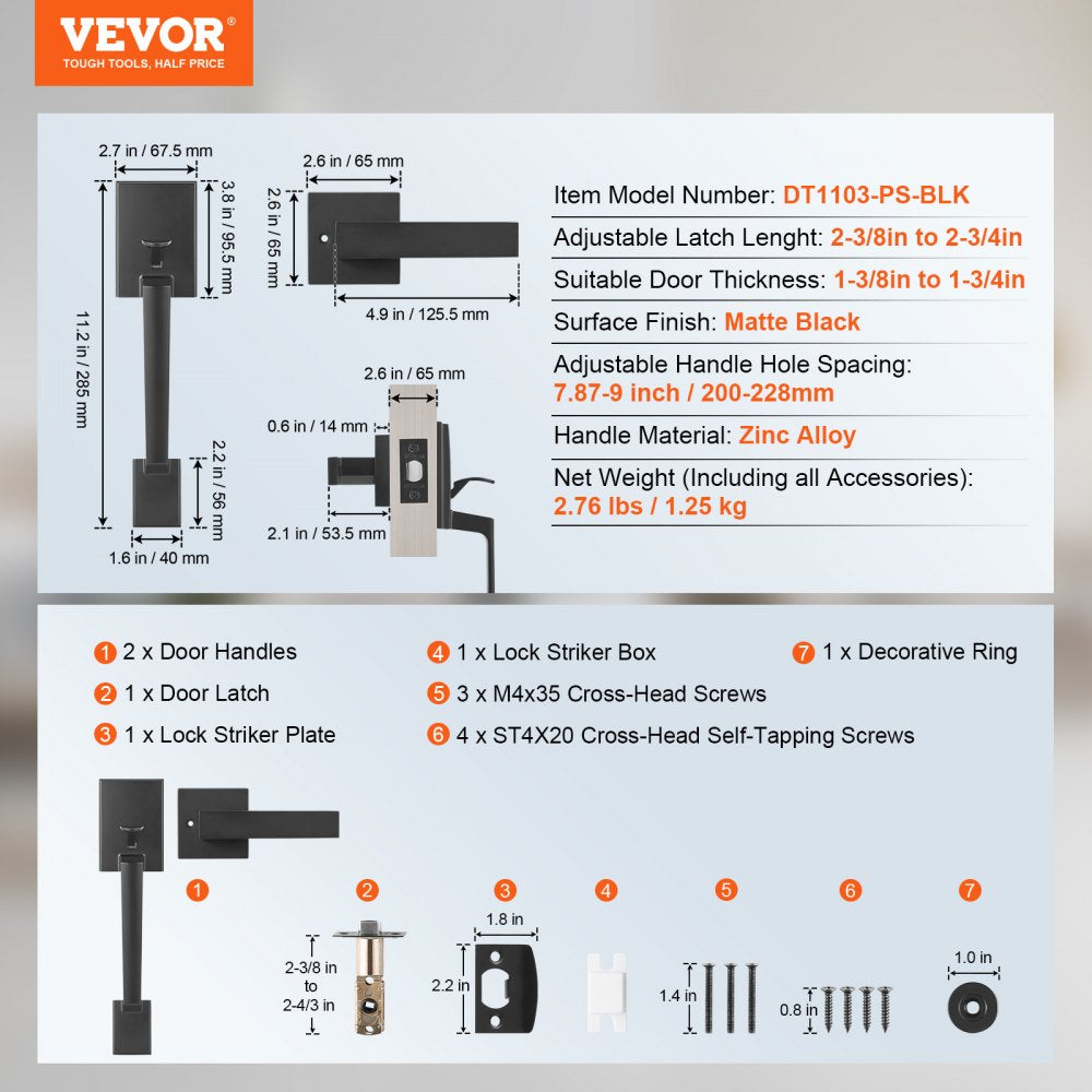 VEVOR Front Door Handle, Square Entry Handle Set with Lever, No Lock, Adjustable Hole Space, Zinc Alloy Die-Casting, Reversible for Right and Left Handed Entrance and Front Doors, Matte Black