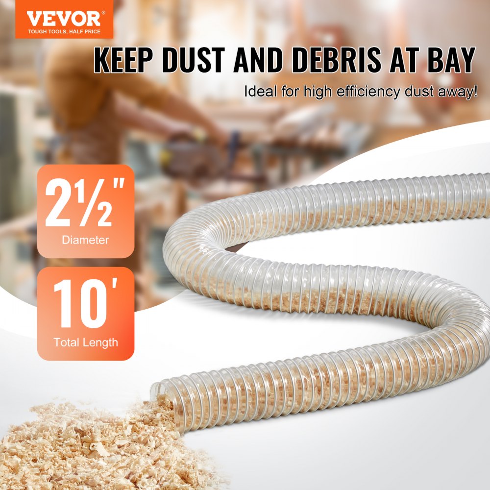 VEVOR Dust Collection Hose, 2.5'' x 10', Thickened PVC Material Puncture-Resistant Flexible Clear Hose with Carbon Steel Wire Coil 4 x 304 Stainless Clamps, for Table Saw, Band Saw, Planer, Jointer