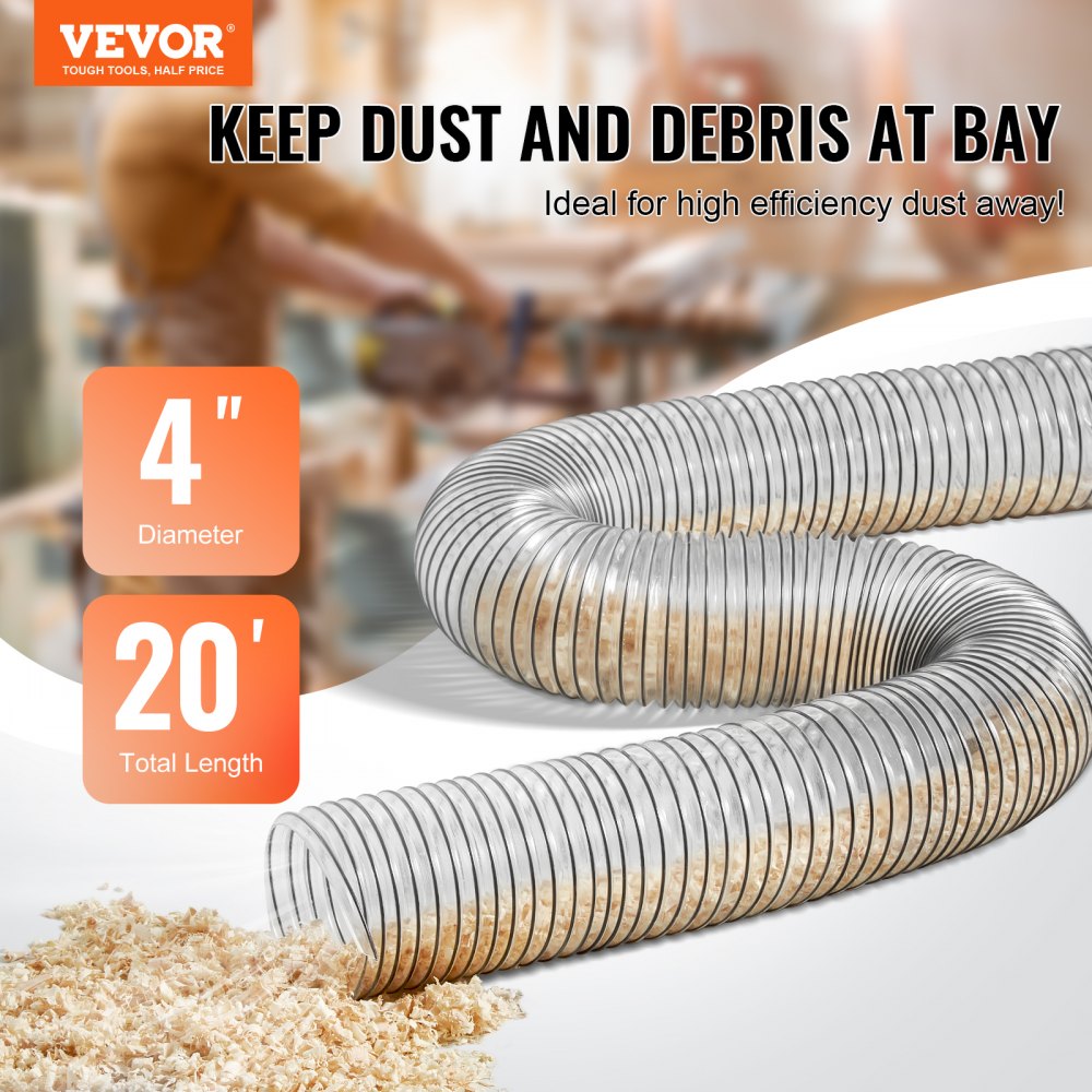 VEVOR Dust Collection Hose, 4'' x 20', Thickened PVC Material Puncture-Resistant Flexible Clear Hose with Carbon Steel Wire Coil 4 x 304 Stainless Clamps, for Table Saw, Band Saw, Planer, Jointer