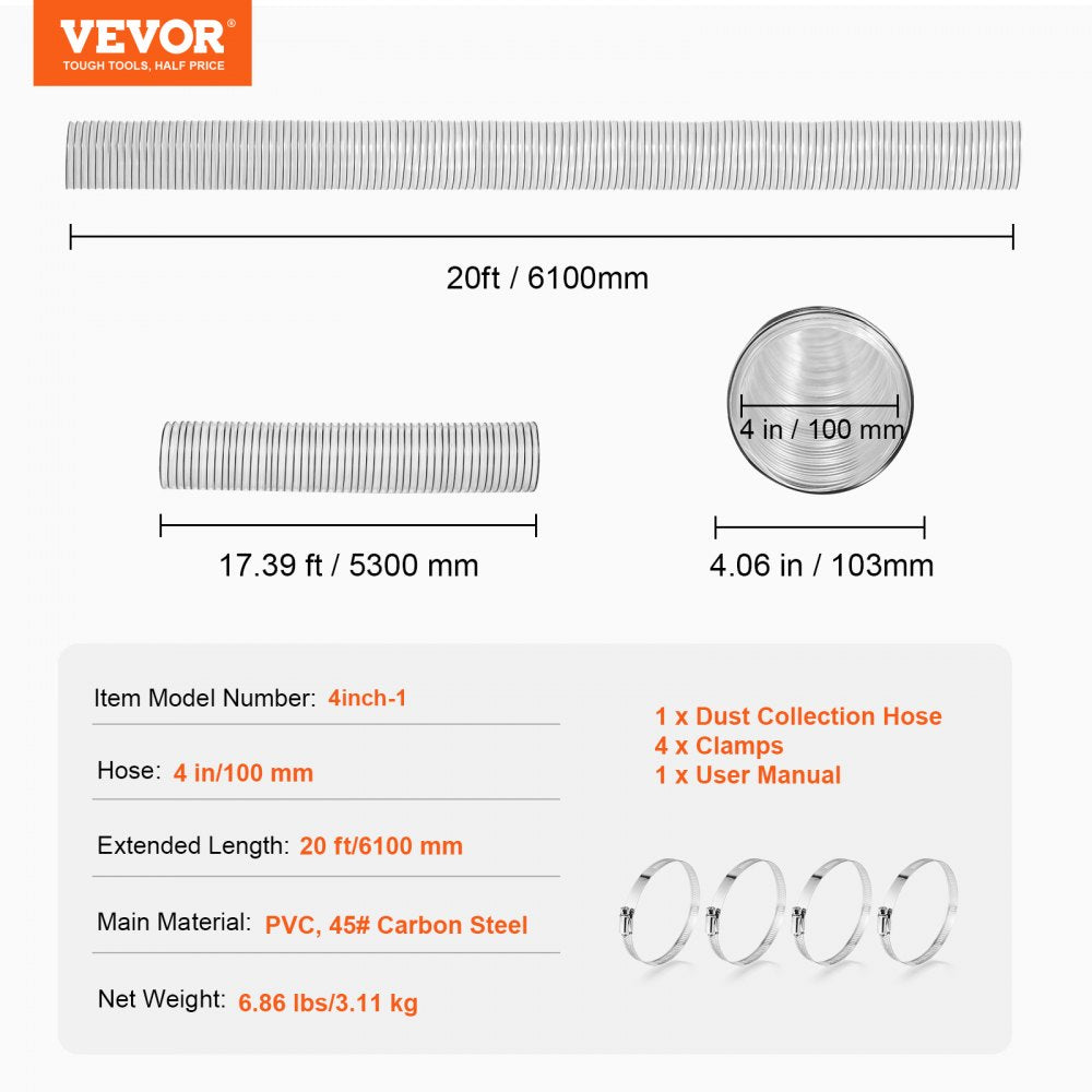 VEVOR Dust Collection Hose, 4'' x 20', Thickened PVC Material Puncture-Resistant Flexible Clear Hose with Carbon Steel Wire Coil 4 x 304 Stainless Clamps, for Table Saw, Band Saw, Planer, Jointer