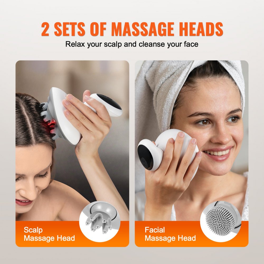 VEVOR Electric Scalp Massager, Rechargeable Head Massager Hair Growth, IPX7 Waterproof | Portable Kneading Scalp Scratcher with 8 Removable Massage Head for Stress Relief, Deep Clean, Gift for Mom/Dad
