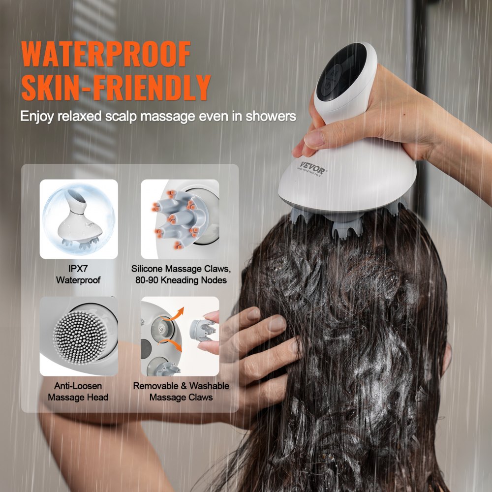 VEVOR Electric Scalp Massager, Rechargeable Head Massager Hair Growth, IPX7 Waterproof | Portable Kneading Scalp Scratcher with 8 Removable Massage Head for Stress Relief, Deep Clean, Gift for Mom/Dad