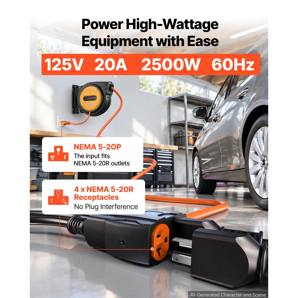 VEVOR 40FT Retractable Extension Cord Reel, Damped Slow Retraction System, 10AWG/3C Heavy Duty Power Cord 2500W, 4 Outlets, 20A Circuit Breaker, Ceiling/Wall Mount for Garage/Shop, ETL Listed, Orange