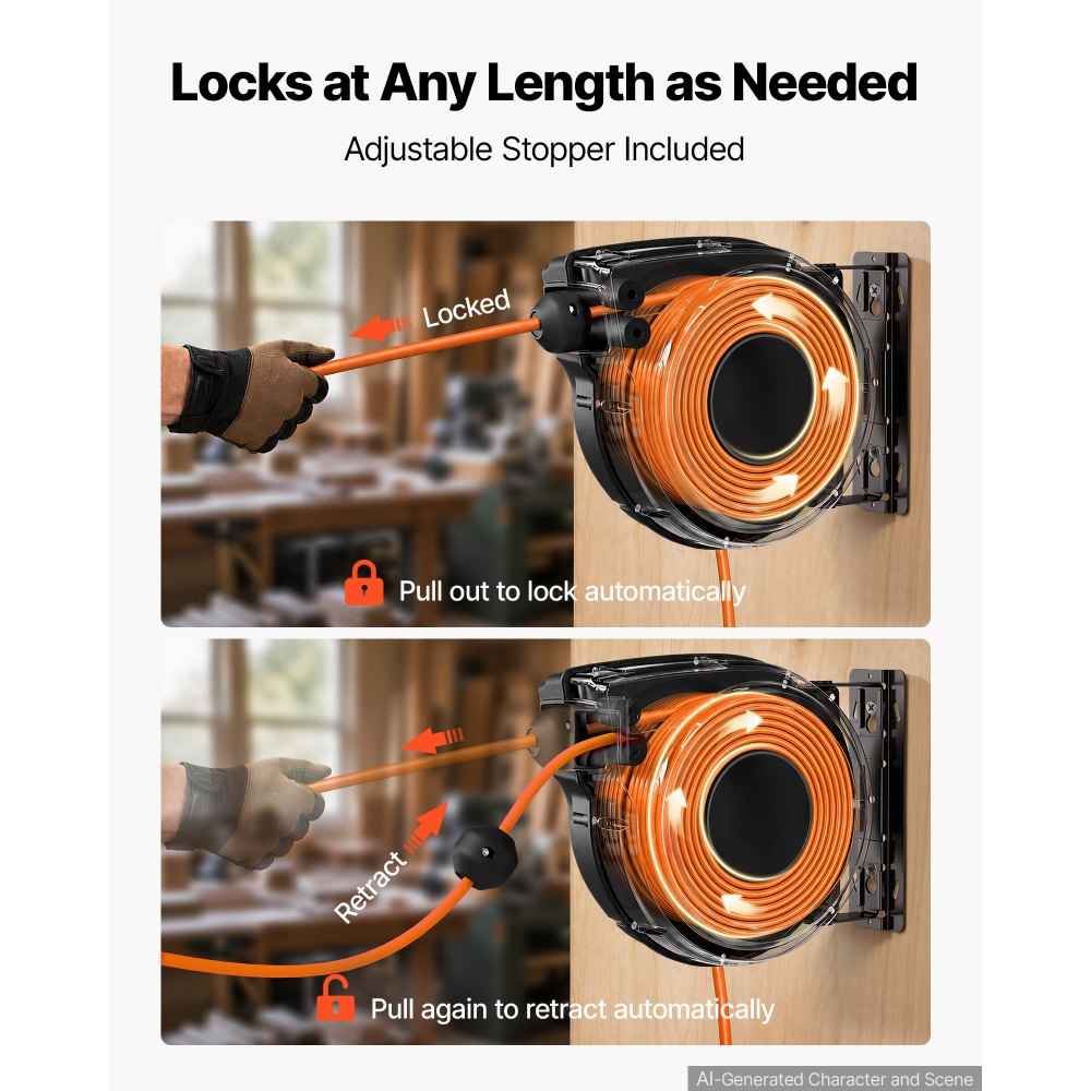 VEVOR 40FT Retractable Extension Cord Reel, Damped Slow Retraction System, 10AWG/3C Heavy Duty Power Cord 2500W, 4 Outlets, 20A Circuit Breaker, Ceiling/Wall Mount for Garage/Shop, ETL Listed, Orange
