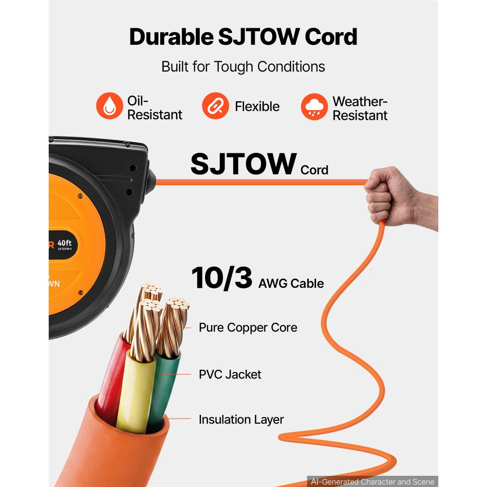 VEVOR 40FT Retractable Extension Cord Reel, Damped Slow Retraction System, 10AWG/3C Heavy Duty Power Cord 2500W, 4 Outlets, 20A Circuit Breaker, Ceiling/Wall Mount for Garage/Shop, ETL Listed, Orange