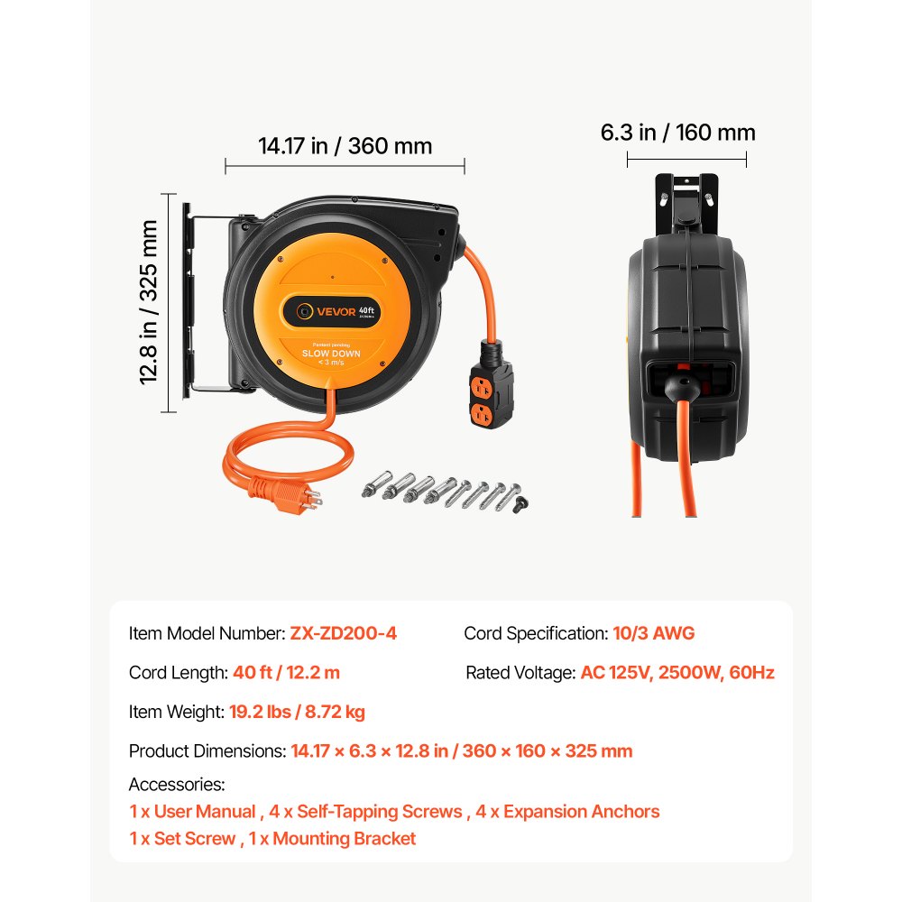 VEVOR 40FT Retractable Extension Cord Reel, Damped Slow Retraction System, 10AWG/3C Heavy Duty Power Cord 2500W, 4 Outlets, 20A Circuit Breaker, Ceiling/Wall Mount for Garage/Shop, ETL Listed, Orange