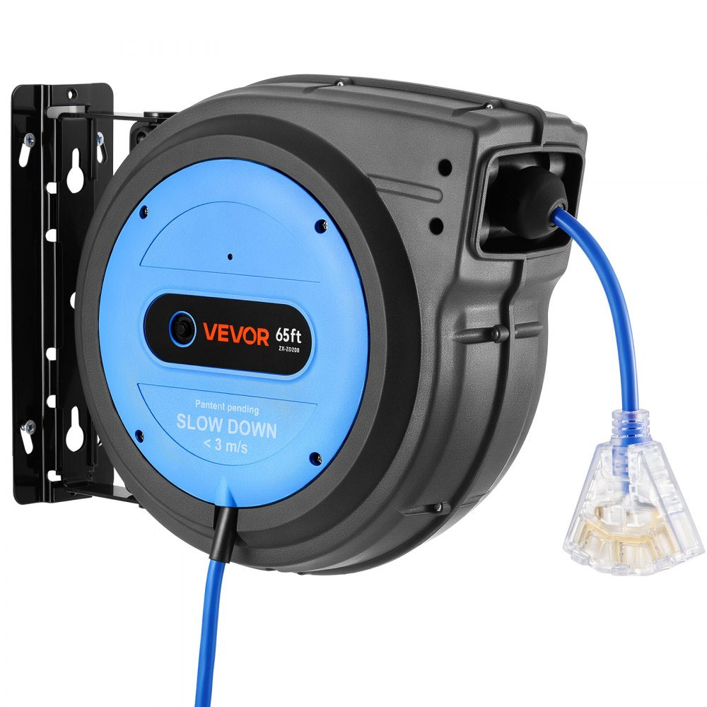 VEVOR 65FT Retractable Extension Cord Reel, Damped Slow Retraction System, 12AWG/3C Heavy Duty Power Cord, Lighted Triple Tap, 15A Circuit Breaker, Ceiling/Wall Mount for Garage/Shop, ETL Listed, Blue