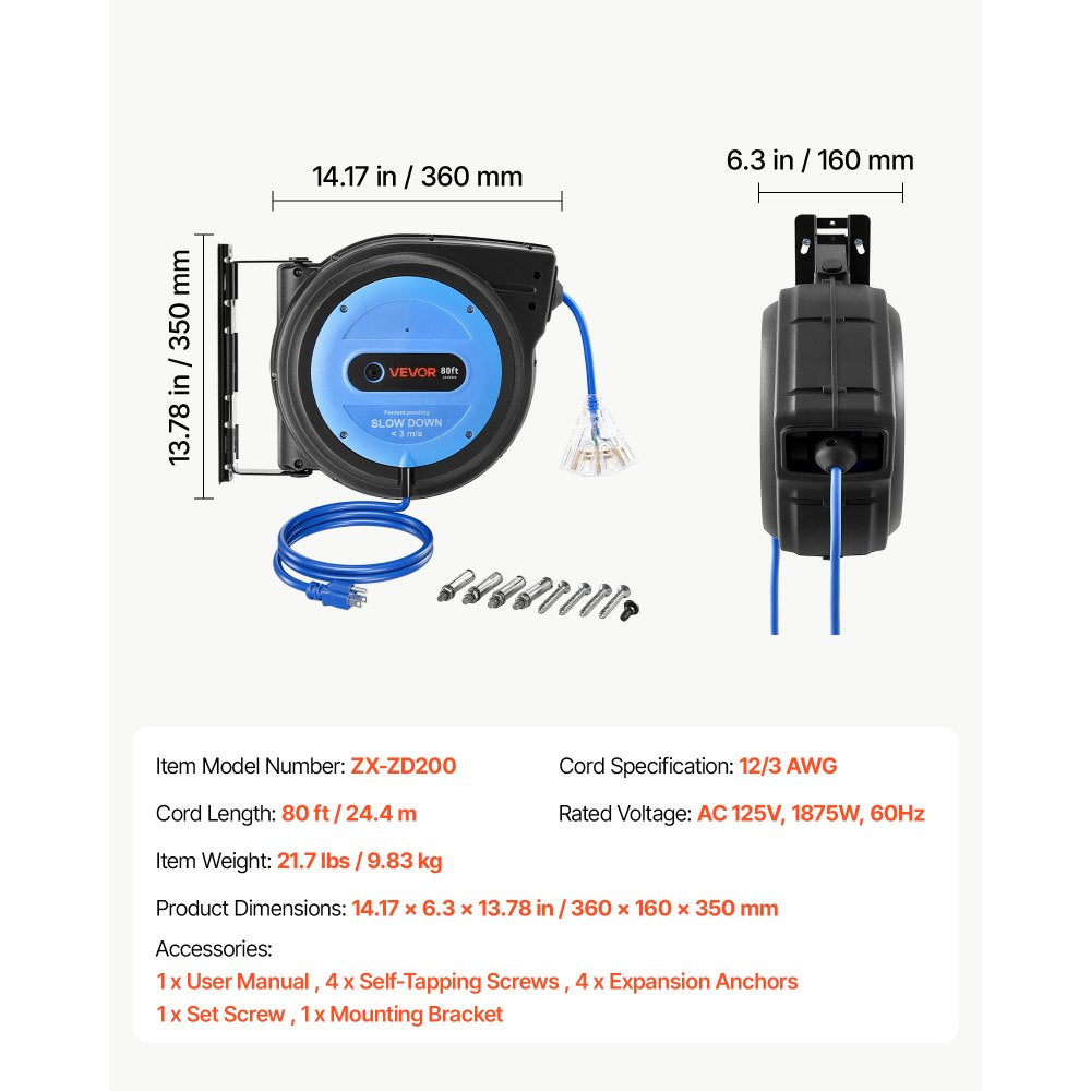 VEVOR 80FT Retractable Extension Cord Reel, Damped Slow Retraction System, 12AWG/3C Heavy Duty Power Cord, Lighted Triple Tap, 15A Circuit Breaker, Ceiling/Wall Mount for Garage/Shop, ETL Listed, Blue