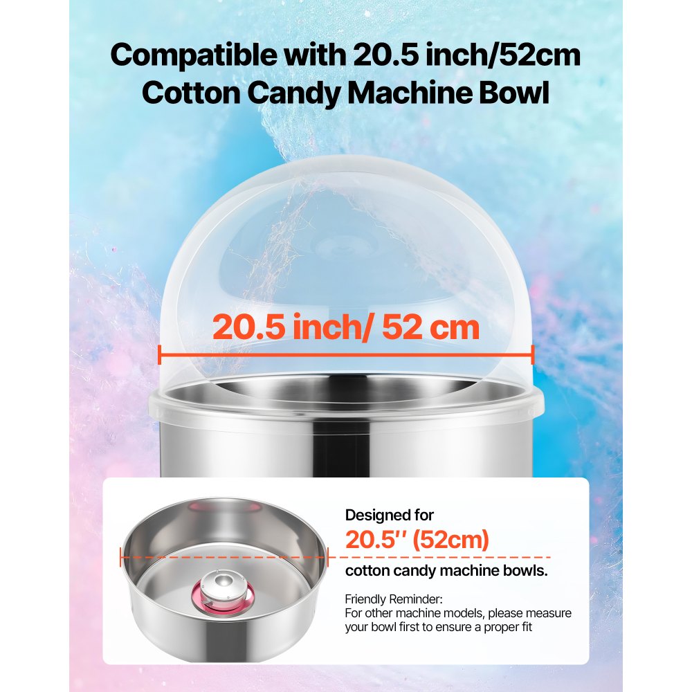 VEVOR Cotton Candy Machine Cover, Transparent Acrylic Dome Bubble Shield, Cotton Candy Machine Bubble Shield Compatible with 20.5in Cottons Candies Machines Bowl for Party, Shops, Bottom Groove Design