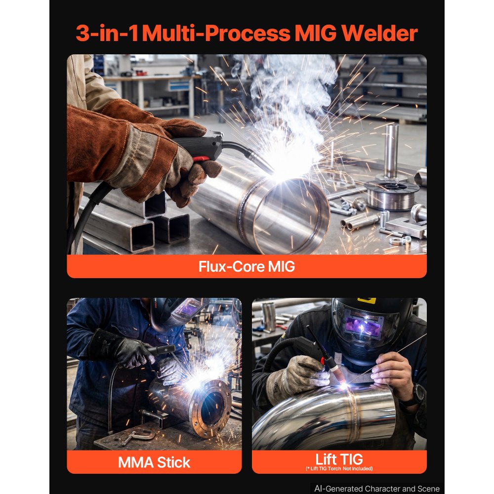 VEVOR 135A MIG Welder, 3-in-1 Lift TIG/Gasless Flux Core/Stick MIG Welding, 110V Synergic Multi-Process Mig Welder Machine with IGBT Inverter, Portable for Metal Fabrication, Home Repair & DIY Project