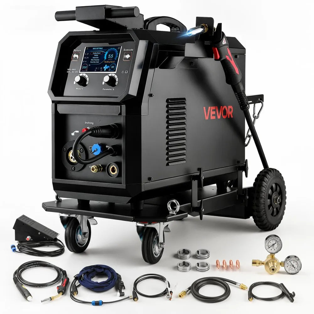 VEVOR 200A Pro MIG Welder 9-in-1 All-in-One Welding Cart Workstation, Gas MIG, Gasless Flux Core, AC/DC Tig, AC/DC Pluse Tig, Stick, Aluminum Welding with Spool Gun Compatible, Foot Pedal Control