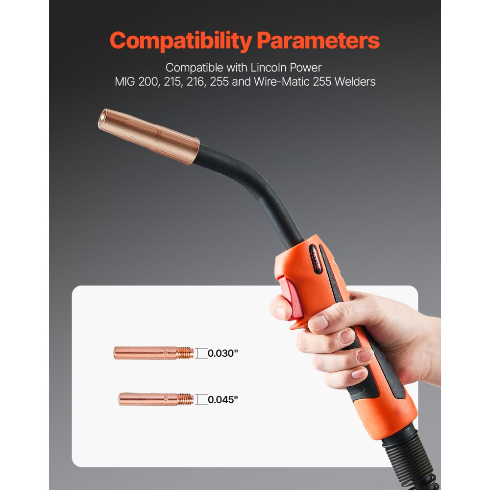 VEVOR 250Amp Mig Welding Gun with 15FT Cable, Compatible with LincoIn Power MlG 200, 215, 216, 255 and Wire-Matic 255 Welders, Suitable for 0.035" and 0.045" Welding Wires