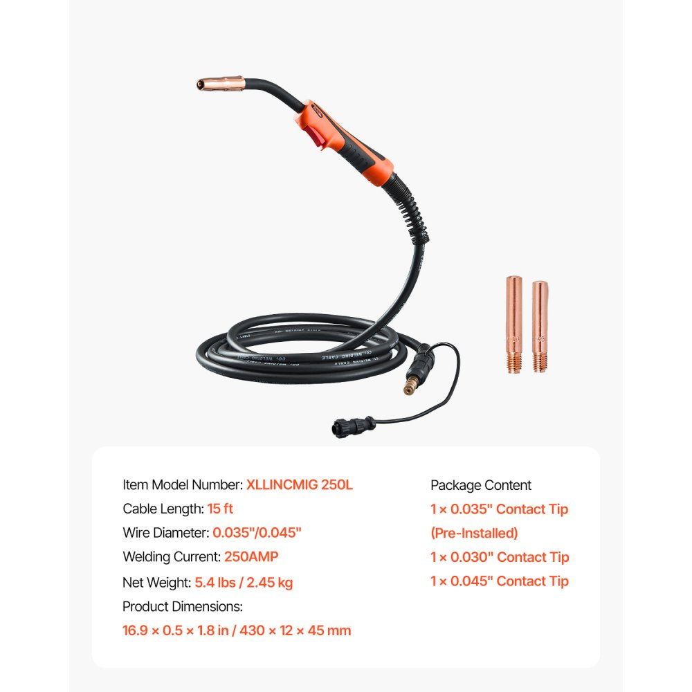 VEVOR 250Amp Mig Welding Gun with 15FT Cable, Compatible with LincoIn Power MlG 200, 215, 216, 255 and Wire-Matic 255 Welders, Suitable for 0.035" and 0.045" Welding Wires