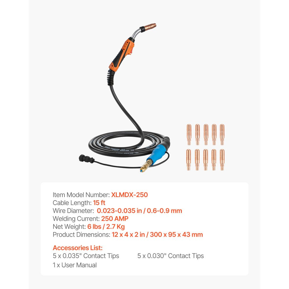 VEVOR 250A MIG Welding Gun with 15FT Cable, Replacement for Miller MDX-250 - with 11PCS Mig Welding Contact Tips