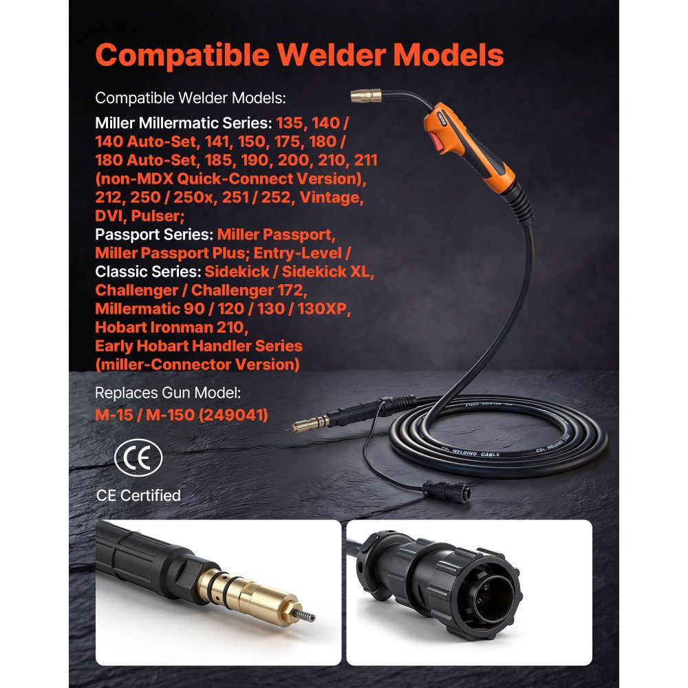 VEVOR 150A MIG Welding Gun with 15FT Cable, Replacement for Miller M-15/M-150 (249041) - with 5PCS Mig Welding Contact Tips