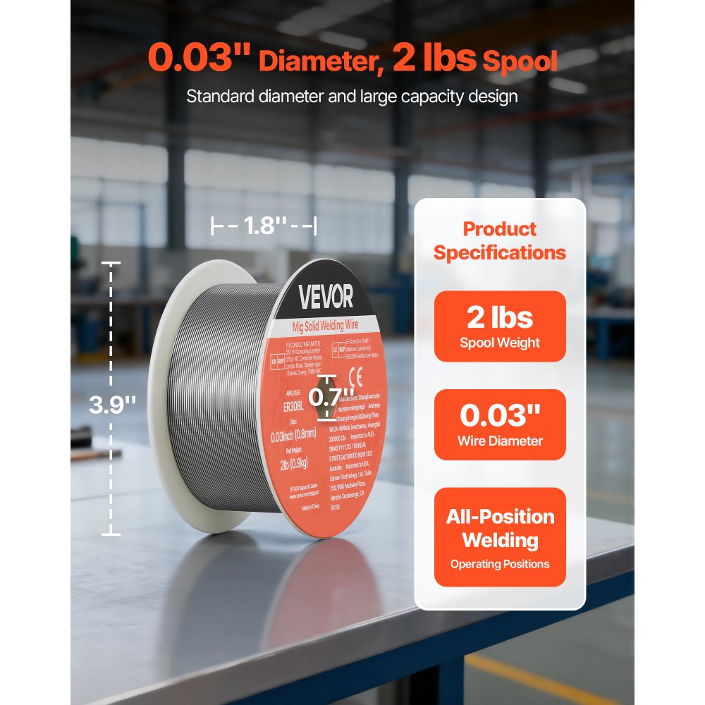 VEVOR Solid MIG Welding Wire, ER308L 0.03-inch 2 LBS, Low Spatter Stainless Steel Welding Wire with High Feedability for All-Position Gas Shielded Welding