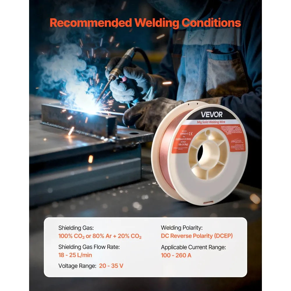 VEVOR Solid MIG Welding Wire, ER70S-6 0.035-inch 10 LBS, Low Spatter Mild Steel Welding Wire with High Deoxidizers for All-Position Gas Shielded Welding