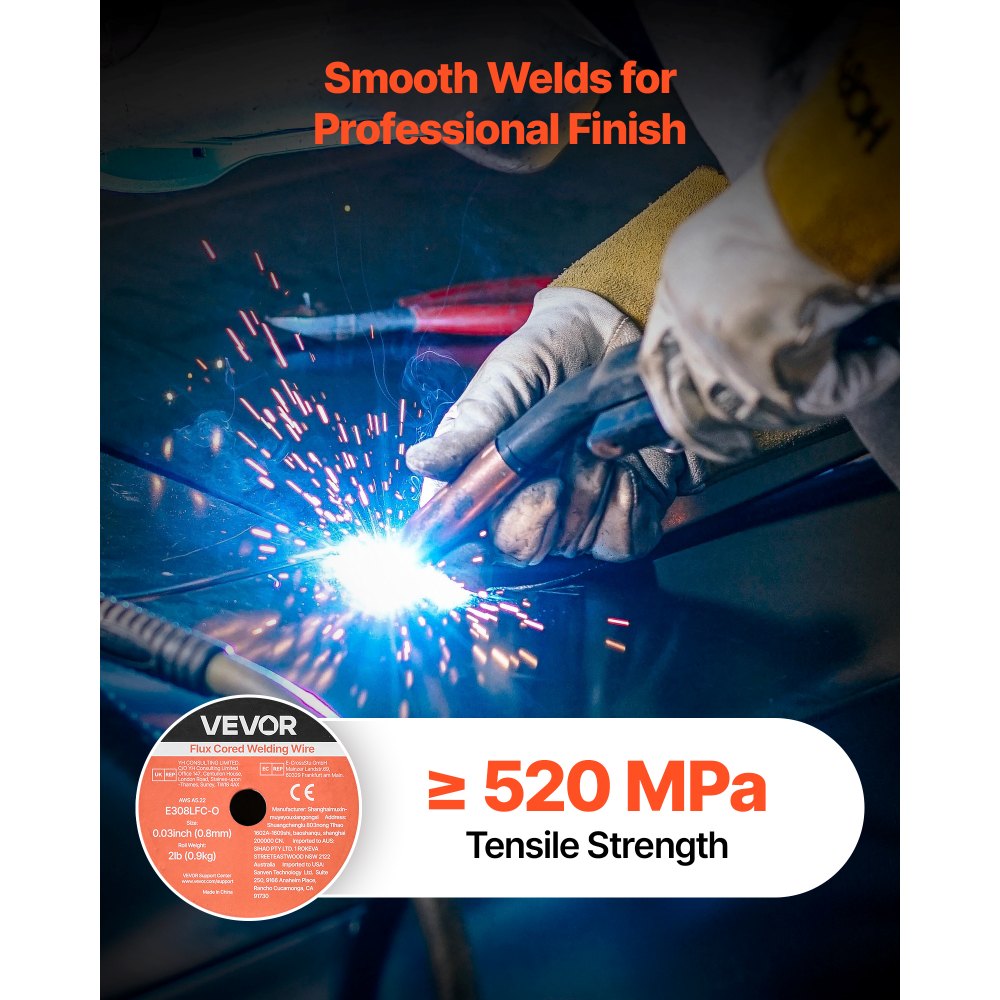 VEVOR Flux Core MIG Welding Wire, E308LFC-O 0.03-inch 2 LBS, Gasless Stainless Steel Welding Wire with Low Spatter for All Position Arc Welding, Self-Shielded for Outdoor Use