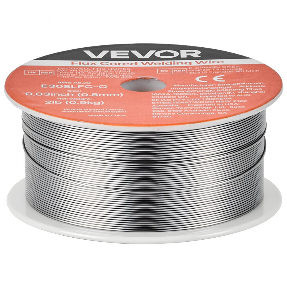 VEVOR Flux Core MIG Welding Wire, E308LFC-O 0.03-inch 2 LBS, Gasless Stainless Steel Welding Wire with Low Spatter for All Position Arc Welding, Self-Shielded for Outdoor Use