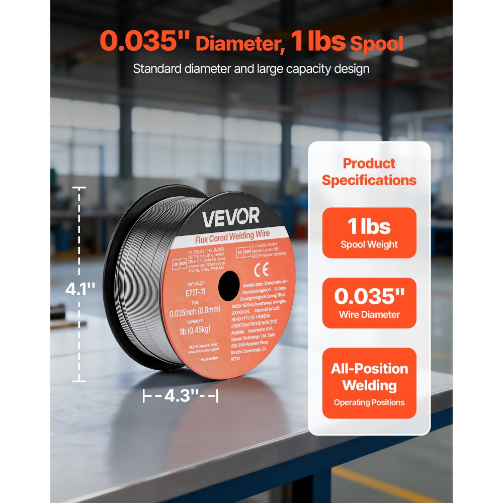 VEVOR Flux Core MIG Welding Wire, E71T-11 0.035-inch 1 LBS, Gasless Mild Steel Welding Wire with Low Spatter for All Position Arc Welding, Self-Shielded for Outdoor Use (Pack of 2 Rolls)