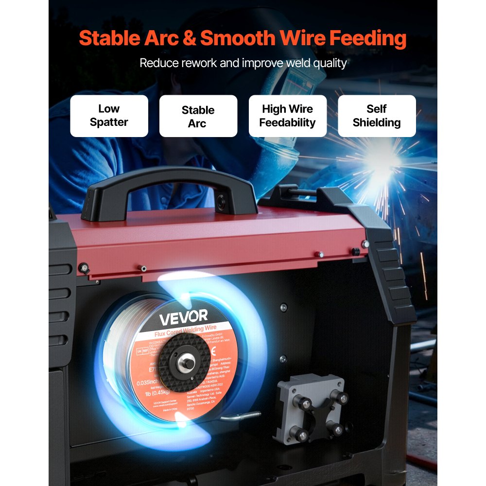 VEVOR Flux Core MIG Welding Wire, E71T-11 0.035-inch 1 LBS, Gasless Mild Steel Welding Wire with Low Spatter for All Position Arc Welding, Self-Shielded for Outdoor Use (Pack of 2 Rolls)