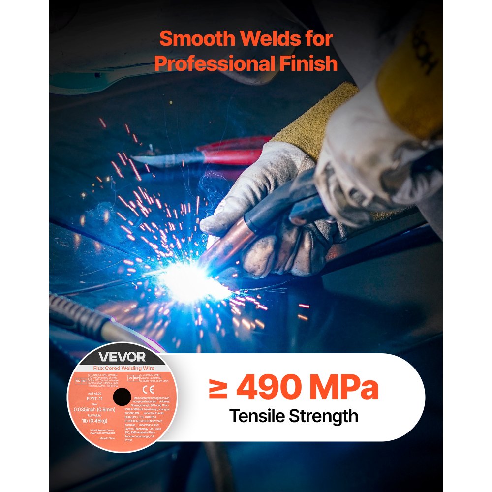 VEVOR Flux Core MIG Welding Wire, E71T-11 0.035-inch 1 LBS, Gasless Mild Steel Welding Wire with Low Spatter for All Position Arc Welding, Self-Shielded for Outdoor Use (Pack of 2 Rolls)