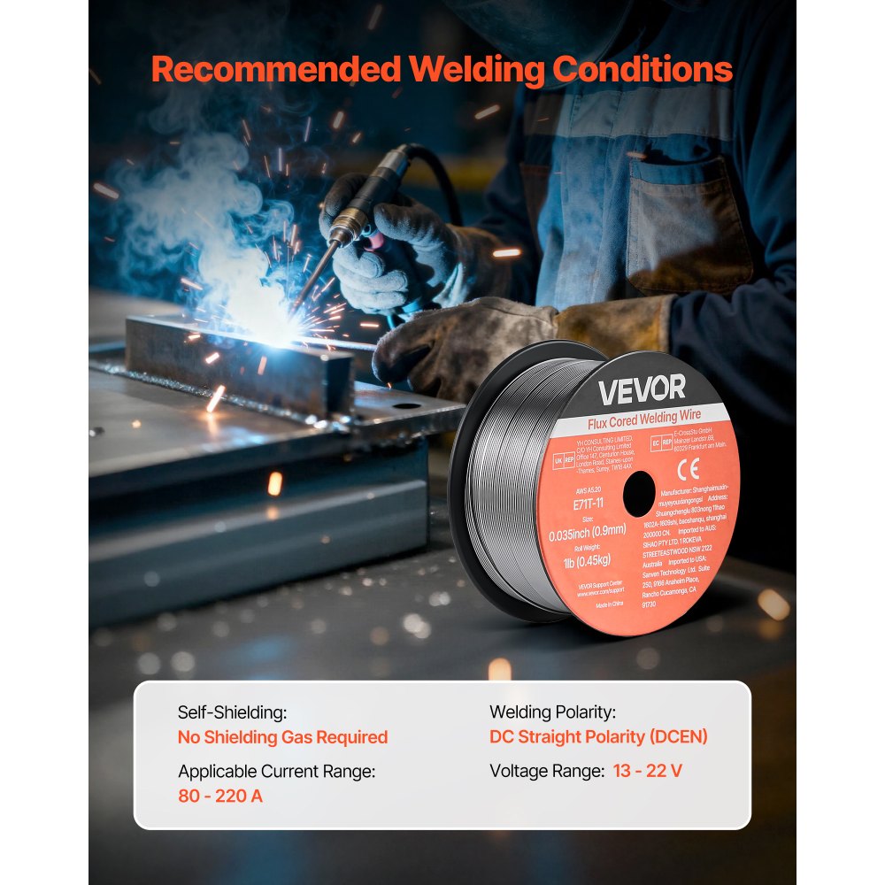 VEVOR Flux Core MIG Welding Wire, E71T-11 0.035-inch 1 LBS, Gasless Mild Steel Welding Wire with Low Spatter for All Position Arc Welding, Self-Shielded for Outdoor Use (Pack of 2 Rolls)