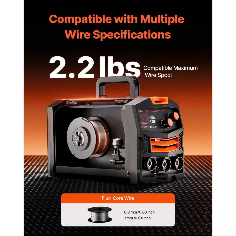 VEVOR MIG Welder, 130Amp Synergic Mig Welding Machine, 110V Gasless Flux Core Welder Machine, Portable Mig Welder with IGBT Inverter Technology and Digital Display Screen