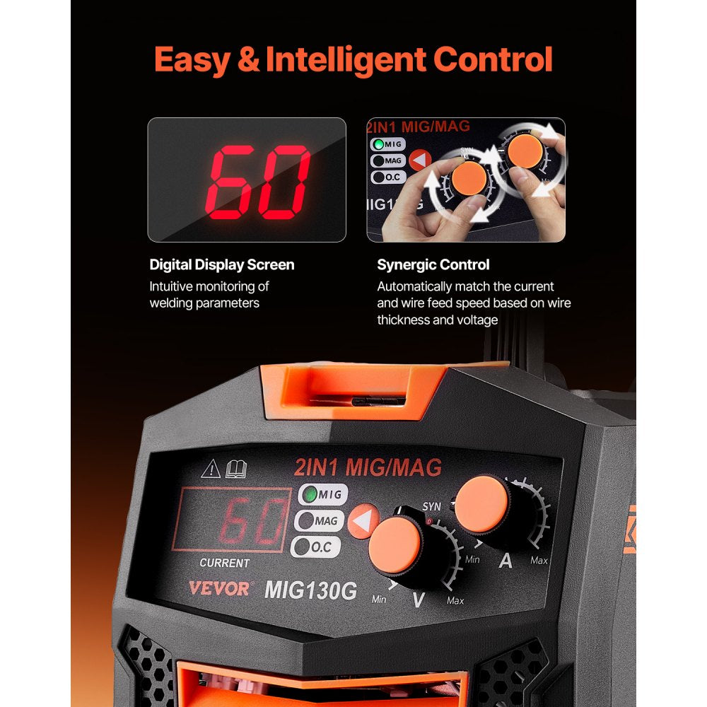 VEVOR MIG Welder, 130A Synergic Mig Welding Machine, 2-in-1 Gas MIG/Gasless Flux Core MIG Multi-Process Welder Machine, 110V Portable Mig Welder with IGBT Inverter Technology & Digital Display Screen