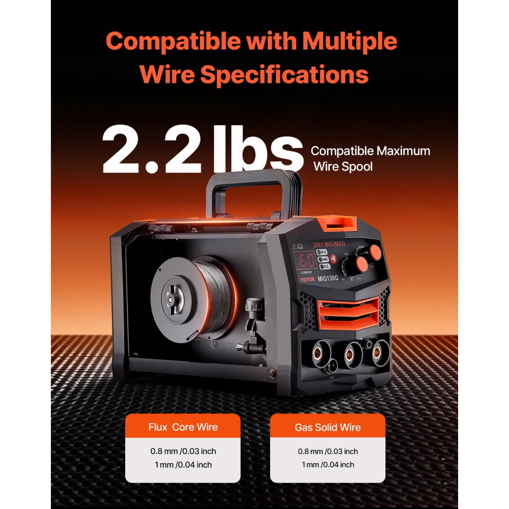 VEVOR MIG Welder, 130A Synergic Mig Welding Machine, 2-in-1 Gas MIG/Gasless Flux Core MIG Multi-Process Welder Machine, 110V Portable Mig Welder with IGBT Inverter Technology & Digital Display Screen
