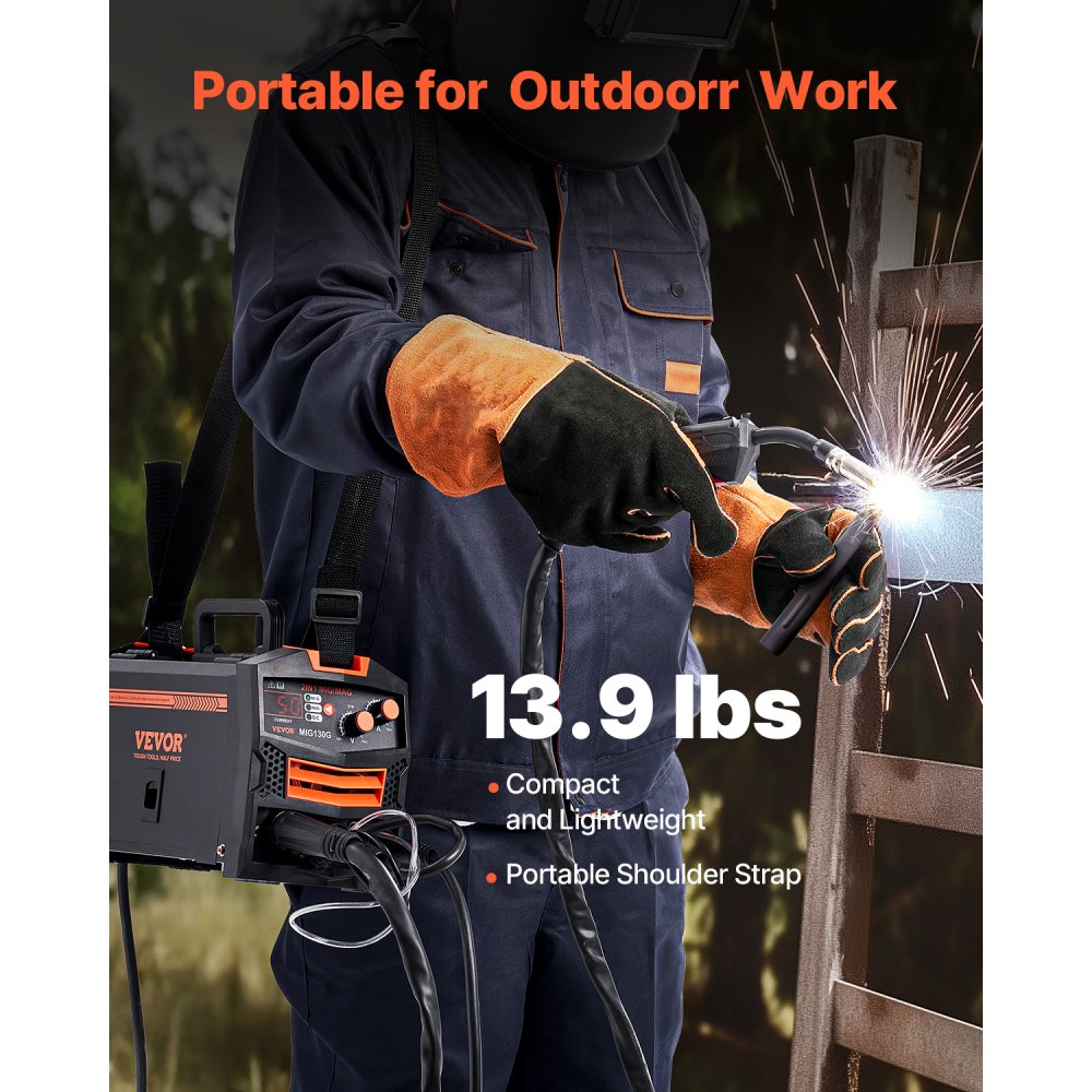 VEVOR MIG Welder, 130A Synergic Mig Welding Machine, 2-in-1 Gas MIG/Gasless Flux Core MIG Multi-Process Welder Machine, 110V Portable Mig Welder with IGBT Inverter Technology & Digital Display Screen