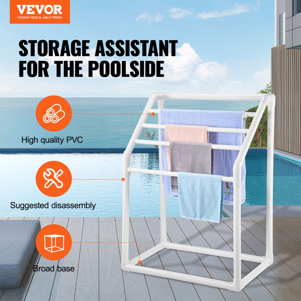 VEVOR Towel Rack, 5 Bars Outdoor PVC Towel Holder, Freestanding Pool Towel Hanger Stand with Clips, Bag & Hook, Outdoor Indoor Quilt Drying Rack Organizer, Ideal for Poolside, Bathroom, Spa, White