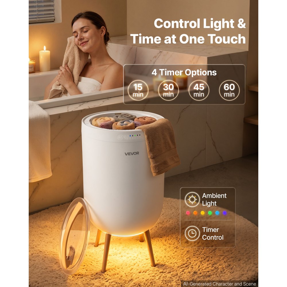 VEVOR Towel Warmers for Bathroom with Bluetooth Speaker and Ambient Light, Rapid Heated Towel Bucket, Auto Shut Off, 4 Adjustable Timer, Fits Oversized Towels, Blankets, Bathrobes, for Women, White