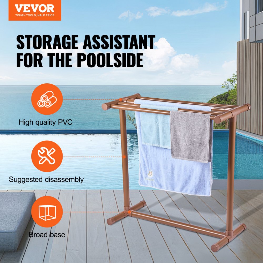 VEVOR Towel Rack, 5 Bars Outdoor PVC Towel Holder, Floor Standing Pool Towel Hanger Stand with Clips, Bag & Hook, Outdoor Indoor Quilt Drying Rack Organizer, Ideal for Poolside, Bathroom, Spa, Brown