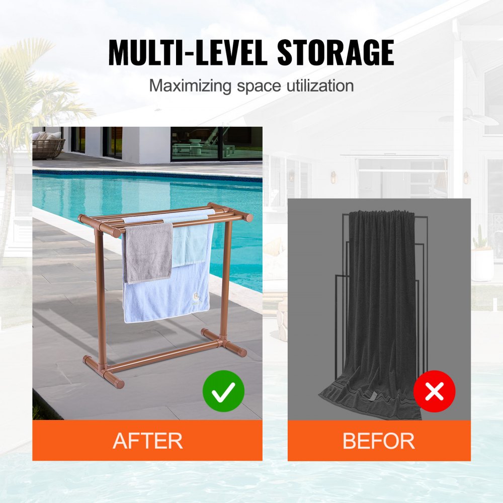 VEVOR Towel Rack, 5 Bars Outdoor PVC Towel Holder, Floor Standing Pool Towel Hanger Stand with Clips, Bag & Hook, Outdoor Indoor Quilt Drying Rack Organizer, Ideal for Poolside, Bathroom, Spa, Brown