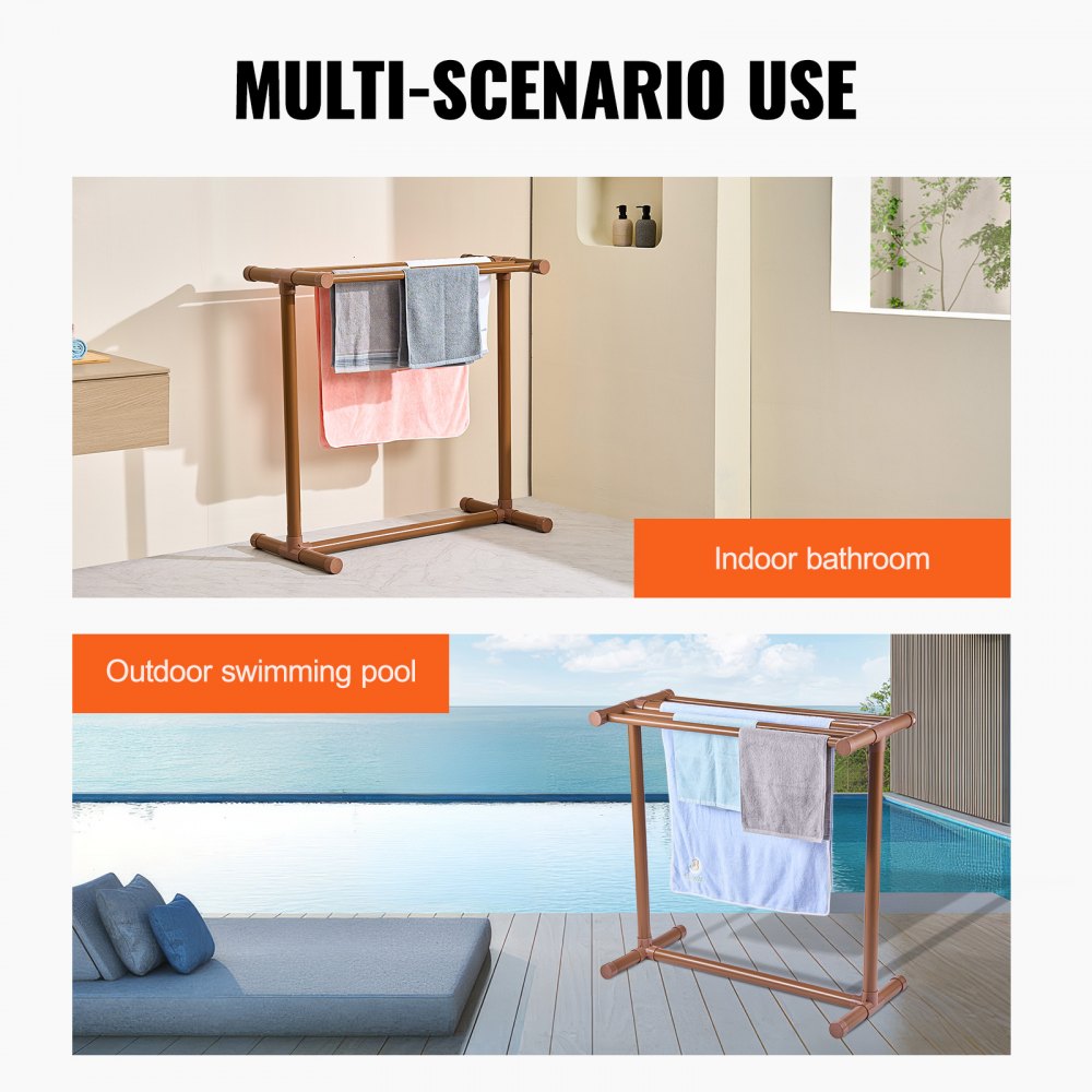 VEVOR Towel Rack, 5 Bars Outdoor PVC Towel Holder, Floor Standing Pool Towel Hanger Stand with Clips, Bag & Hook, Outdoor Indoor Quilt Drying Rack Organizer, Ideal for Poolside, Bathroom, Spa, Brown