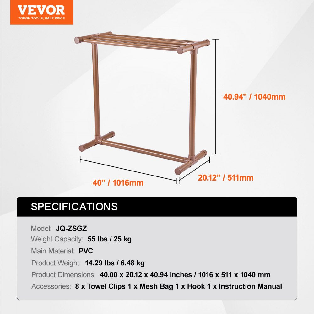 VEVOR Towel Rack, 5 Bars Outdoor PVC Towel Holder, Floor Standing Pool Towel Hanger Stand with Clips, Bag & Hook, Outdoor Indoor Quilt Drying Rack Organizer, Ideal for Poolside, Bathroom, Spa, Brown