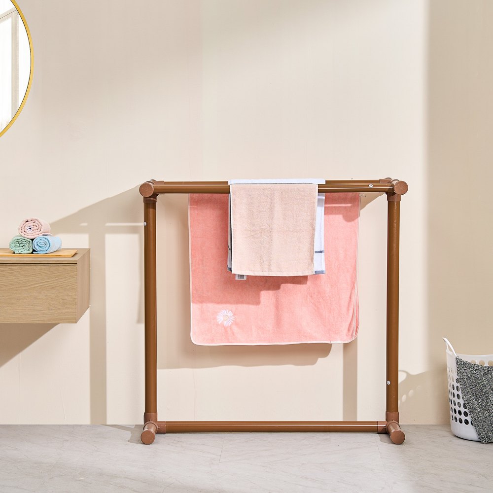 VEVOR Towel Rack, 5 Bars Outdoor PVC Towel Holder, Floor Standing Pool Towel Hanger Stand with Clips, Bag & Hook, Outdoor Indoor Quilt Drying Rack Organizer, Ideal for Poolside, Bathroom, Spa, Brown