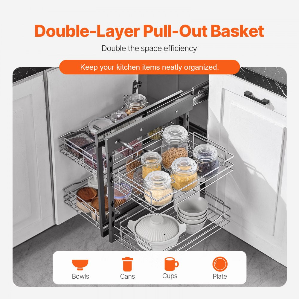 VEVOR Min 15"W Opening Blind Corner Pull Out Organizer, 2 Tier 4 Shelf Kitchen Cabinet Organizer, Chrome Carbon Steel Storage Basket, Slide Out Storage Organizer, Left & Right Open Compatible