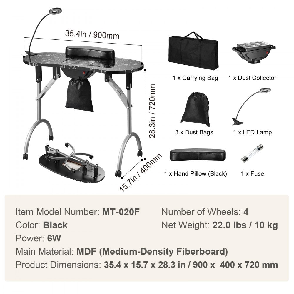 VEVOR Portable Manicure Table, Foldable Nail Table with Electric Dust Collector, Moveable Nail Tech Desk & 4 Wheels, 3 Dust Bags, Bendable LED Lamp, MDF Nail Art Workstation for Home Spa Beauty Salon