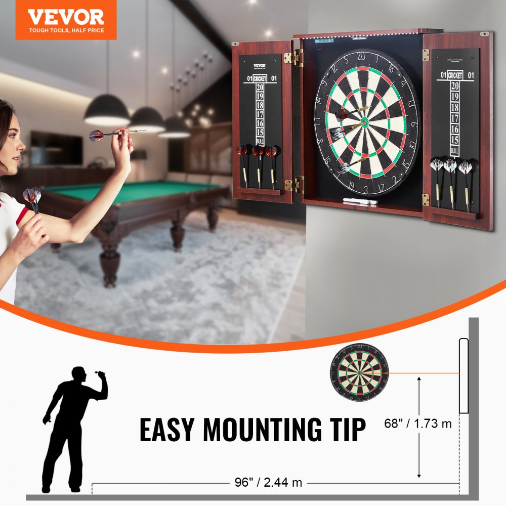 VEVOR Dartboard and Cabinet Set, Ready-to-Play Bundle Official Size Dartboard Cabinet, Steel Tip Dart Hideaway Cabinet, Features LED Light, Easy Assembly, Complete with All Accessory, for Cricket Game