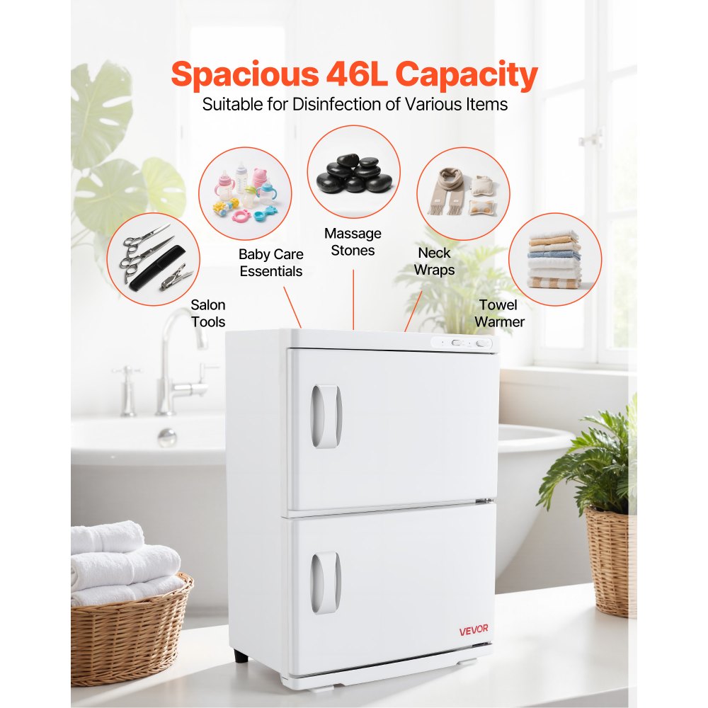 VEVOR Hot Towel Warmer, 10 gal Large Capacity 2-Tier Towel Warmer Cabinet with Clip & 4 Stainless Steel Racks, Holds up 48 Towels, All-Round Heating Cabinet for Spa, Barber, Manicures, Massage, Salon