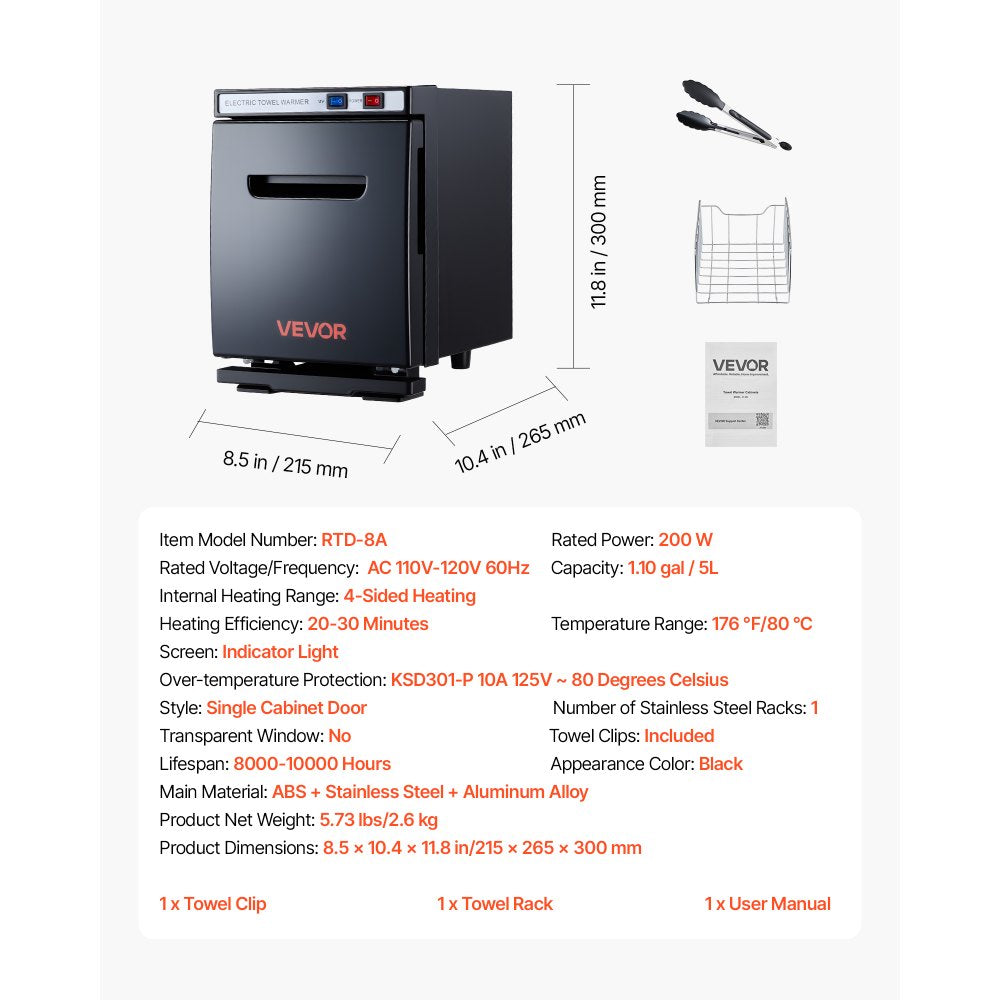 VEVOR Hot Towel Warmer, 1.1 gal Small Towel Warmer Cabinet with Clip & Stainless Steel Rack, Holds up 8-12 Towels, Portable All-Round Heating Cabinet for Spa, Barber, Manicures, Massage, Salon, Black